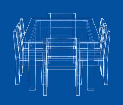 Table with chairs for 6 people. 3d illustration. Wire-frame style