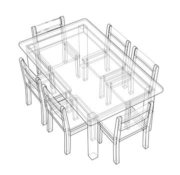 Table with chairs for 6 people. 3d illustration. Wire-frame style