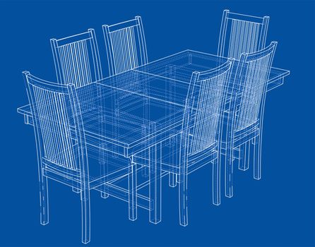 Dinner table with chairs. 3d illustration. Wire-frame style