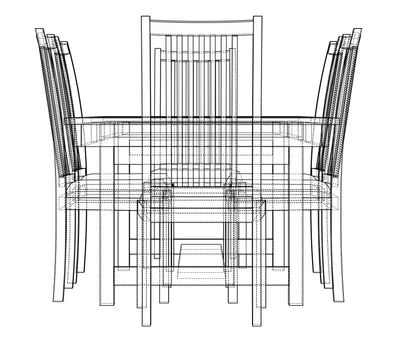 Dinner table with chairs. 3d illustration. Wire-frame style