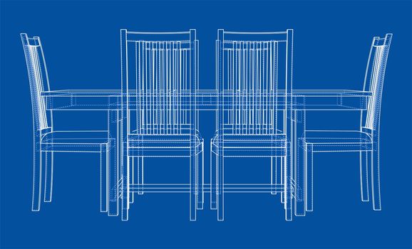 Dinner table with chairs. 3d illustration. Wire-frame style