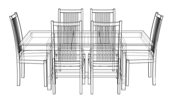 Dinner table with chairs. 3d illustration. Wire-frame style