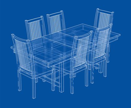 Dinner table with chairs. 3d illustration. Wire-frame style