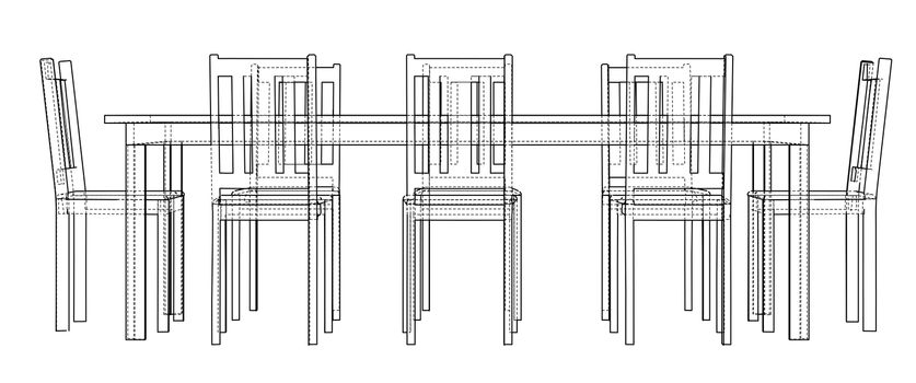 Dinner table with chairs. 3d illustration. Wire-frame style