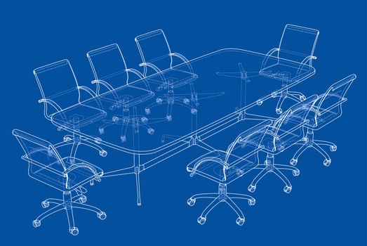 Conference table with chairs in sketch style. 3d illustration