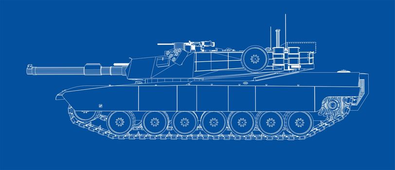 Blueprint or sketch of realistic tank. 3d illustration