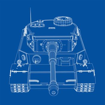 Blueprint or sketch of realistic tank. 3d illustration