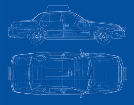 Taxi outline drawing or blueprint. 3d illustration