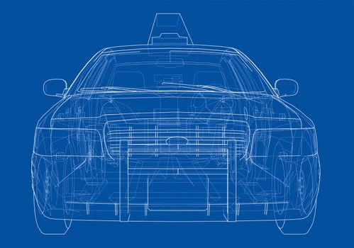 Taxi outline drawing or blueprint. 3d illustration
