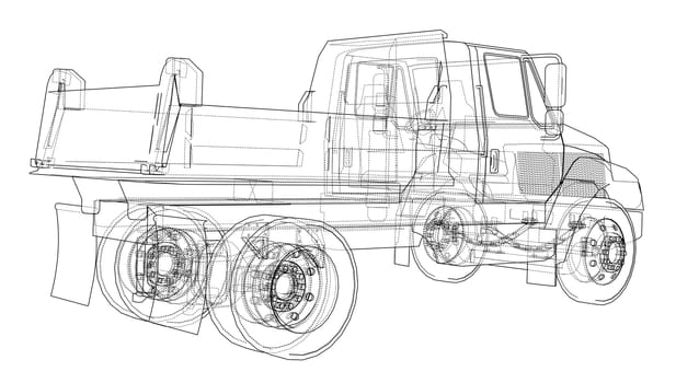 Dump truck sketch. 3d illustration. Wire-frame style