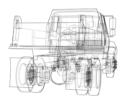 Dump truck sketch. 3d illustration. Wire-frame style