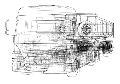 European truck outlined. Blueprint or sketch. 3d illustration