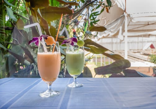 Fresh melon smoothie in a glass on the table