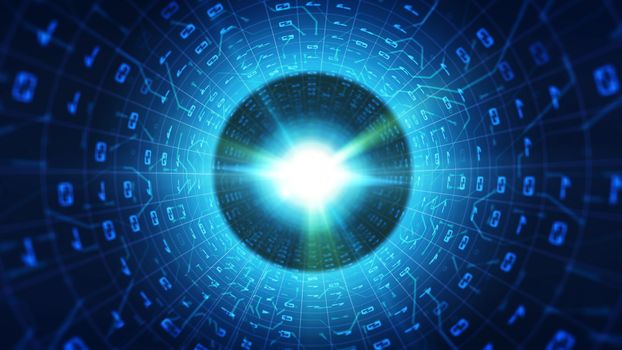 A futuristic 3d rendering of a blue binary tube covered with curvy and zigzag lines and rectangular symbols leading to a sparkling white center. 