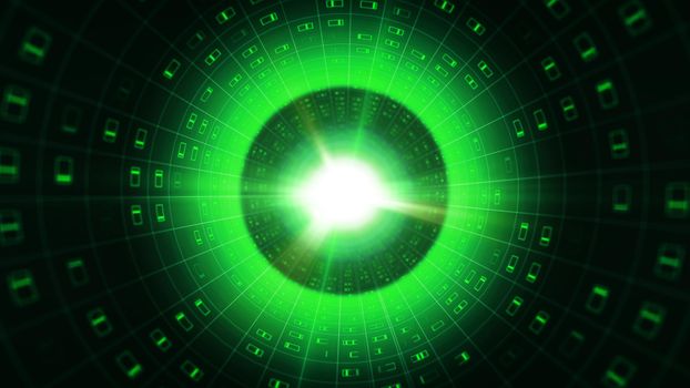 A graphic 3d illustration of a green binary tube covered with a glowing grid and rectangular signs with short lines stretching to a shining salad and white center. 