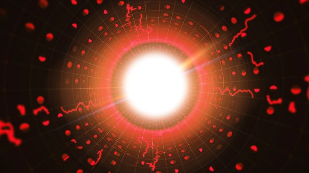 An abstract 3d illustration of a black binary pipe covered with a beaming network of semi-circular red symbols with lightning stripes aiming at a glittering plasma center. 