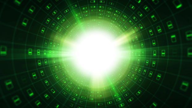 A geometric 3d rendering of a green binary pipe covered with a sparkling network of rectangular symbols with short stripes stretching to a dazzling plasma looking center. 