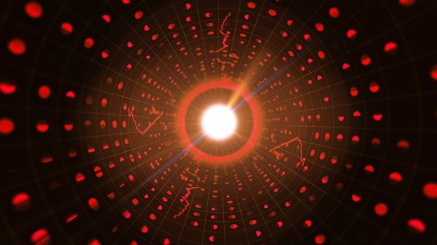 An arty 3d illustration of a black binary tube covered with a glitzy grid of half-round and spotty red symbols with lightning lines leading to a sparkling white center. 