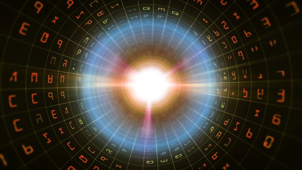 A sci-fi 3d illustration of a black binary tube covered with a flashy grid of shining letters, digits and signs with lightning lines stretching to a shimmering blue and white center. 
