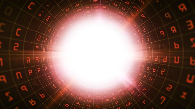 A psychedelic 3d illustration of a black binary tube having a glitzy grid of orange letters and digits leading to sparkling plasma looking round white center. 