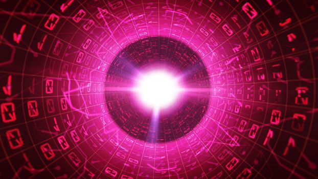 A mesmerizing 3d illustration of a purple and pink tube having rectangular mail signs with wavy and crisscross lines leading to a shining white and black center with glitzy rays.