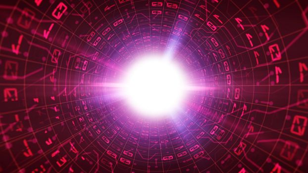 A thrilling 3d illustration of a violet and purple pipe having rectangular mail symbols with twisting lines leading to shimmering plasma looking white center with beams.