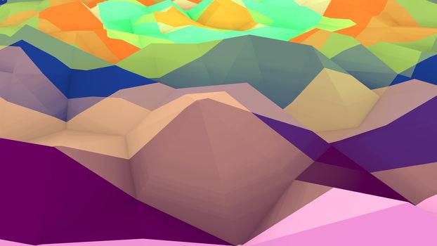 An artistic 3d rendering of a colorful lowpoly backdrop with a hilly and bulging surface. A multi shaped area looks like an alien planet from some faraway galaxy.