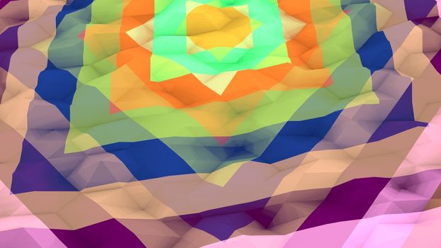 An arty 3d illustration of a multicolored lowpoly background with a set of different size squares. A round yellow dot is placed in the center of an eight-pointed structure from two objects.