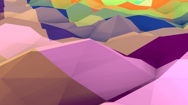 An original 3d illustration of a multicolored lowpoly backdrop with a salient and crisscross surface. The territory looks like an extraterrestrial planet from a remote galaxy.
