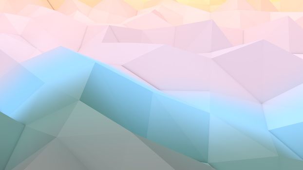 A lowpoly 3d illustration of a blue and pink backdrop with a hilly and volumetric surface. The area looks like some modern art picture full of broken lines and triangular forms. 