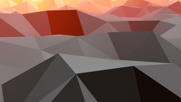 An optical art 3d rendering of a black, grey, brown and orange lowpoly backdrop with a hilly and convex surface. A multiform area looks like an alien globe from distant galaxy.