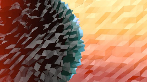 An amazing 3d illustration of a peach, pink, yellow and black lowpoly backdrop with a triangular and rhombus forms. One big object looks like a big hedgehog.