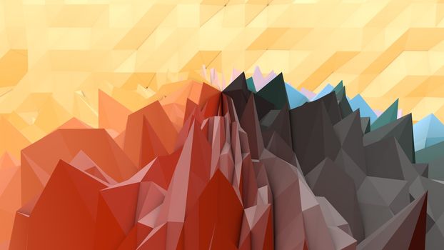 An op art 3d illustration of a black, grey, brown and yellow lowpoly backdrop with a hilly and rocky surface. A multiform area looks like an alien planet from distant world.