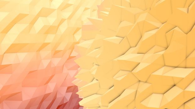 An exciting 3d illustration of a pink, peach and yellow lowpoly backdrop with a triangular and rhombus surface. A multi shaped area looks like a modern art picture.