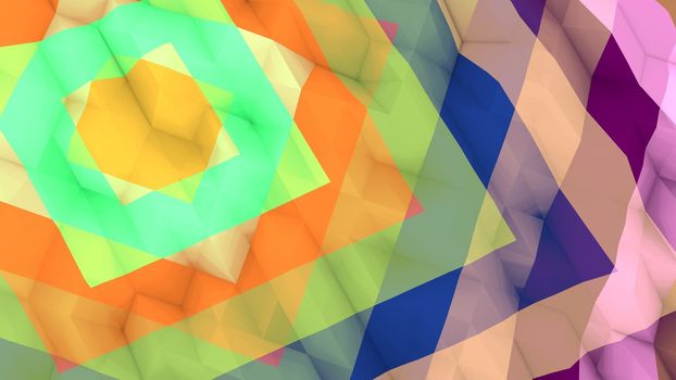 An artistic 3d illustration of a multicolored lowpoly backdrop with a set of various size squares. A round yellow spot is in the center of an eight-pointed structure from two figures.