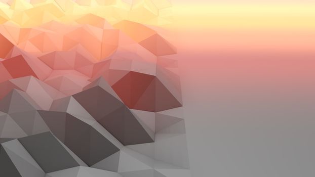 A lowpoly 3d rendering of a grey and peach backdrop with a hilly and salient surface. The area looks like some fairy tale territory full of broken small pyramidal hills. 
