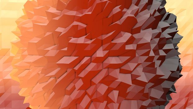A lowpoly 3d illustration of a yellow, red and brown ball with spiky crystalline peaks in the yellow background with triangular objects. It looks like some magic areas. 