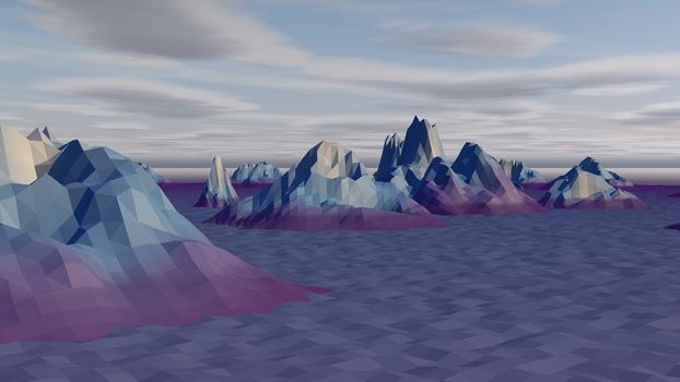 A lowpoly 3d rendering of a white and grey landscape with snowy and icy mountains and rocks in the north-polar territory. The skyscape is grey and gloomy. 