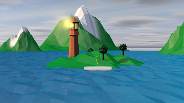 An optimistic 3d illustration of a high brown tower with a lit spotlight on a small green island and a sailing white boat near it. Several hilly islets in blue waves are in the backdrop.