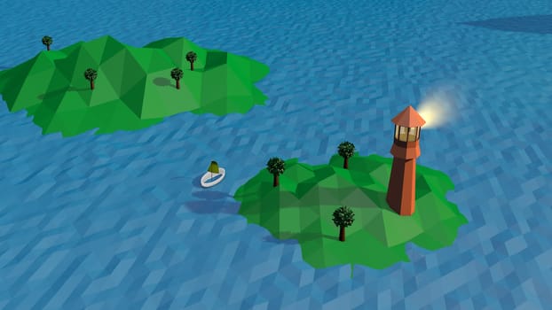 A funny 3d illustration of a high brown tower with a search spot installed on a tiny green island with three trees in summer. Blue lowpoly waves wash the land cheerfully.