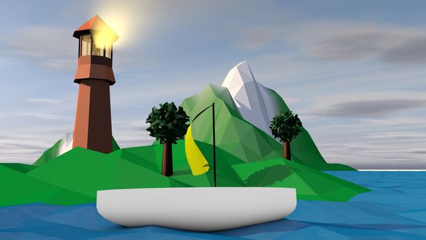 A cheerful 3d illustration of a high searchlight with a lit projector on a small green island and a white boat with yellow sail. There is a snowy peak, green grass and trees.