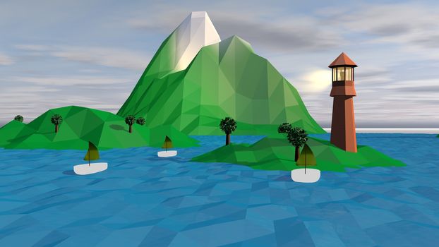 A dreamlike 3d illustration of a high brown tower with a lit spotlight on a small green island with a snowy peak, exotic palms and three white boats with khaki sails. 