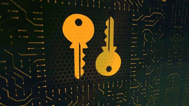 A graphic 3d illustration of a wallet sign circuit board with two golden keys placed oppositely in the square center in the black background with crisscross lines and hexagons.