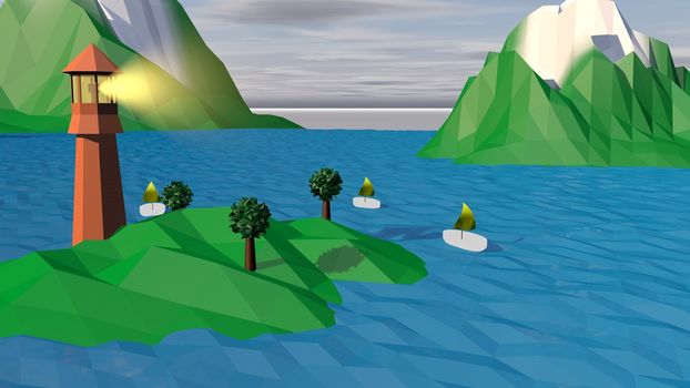 A jolly 3d illustration of a high brown tower with a spotlight on a small green island with a green grass, exotic palms and three white boats with khaki sails. Two snowy peaks are nearby.