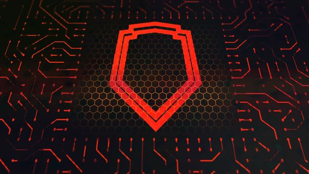 An impressive 3d illustration of a wallet sign circuit board with a red shield outlined with two wide lines in the center in the black background with curvy stripes and hexagons