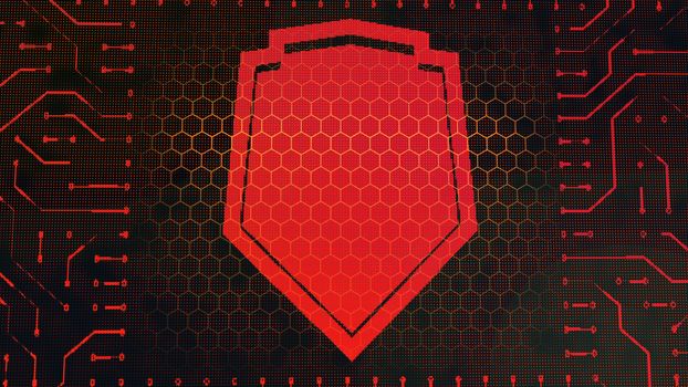 An abstract 3d illustration of a wallet symbol circuit board with a concave red shield put in the square center in the black background with lines and yellow hexagons.