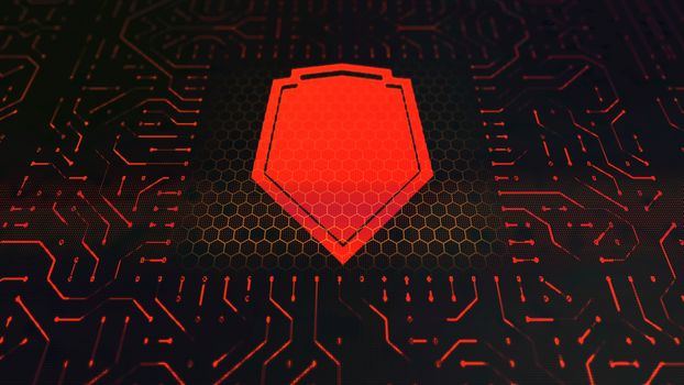 A striking 3d illustration of a wallet symbol circuit board with a concave Medieval red shell protecting funds reliably in the center of the black background with golden hexagons.
