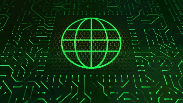 A stunning 3d rendering of a wallet sign circuit board with a light green globe symbol placed in the center of the black background with golden hexagons and salad zigzag lines