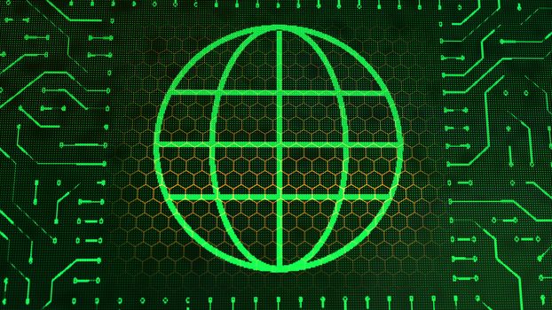 A sparkling 3d illustration of a wallet symbol circuit board with a light green round planet symbol placed in the center of the black background with yellow hexagons.