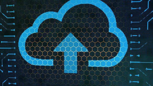 A close-up 3d illustration of an advanced wallet sign circuit platform with a blue cloud, wide arrow and zigzag lines in the center of the black background with golden hexagons.